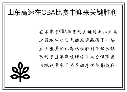 山东高速在CBA比赛中迎来关键胜利