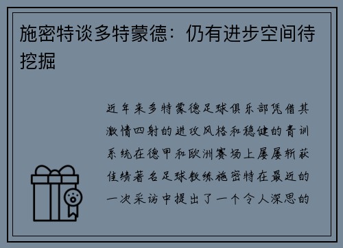 施密特谈多特蒙德：仍有进步空间待挖掘